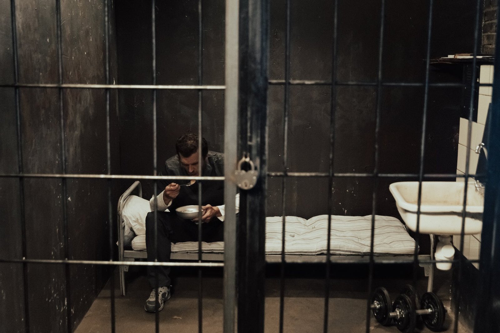 man sitting on bed while eating inside the jail